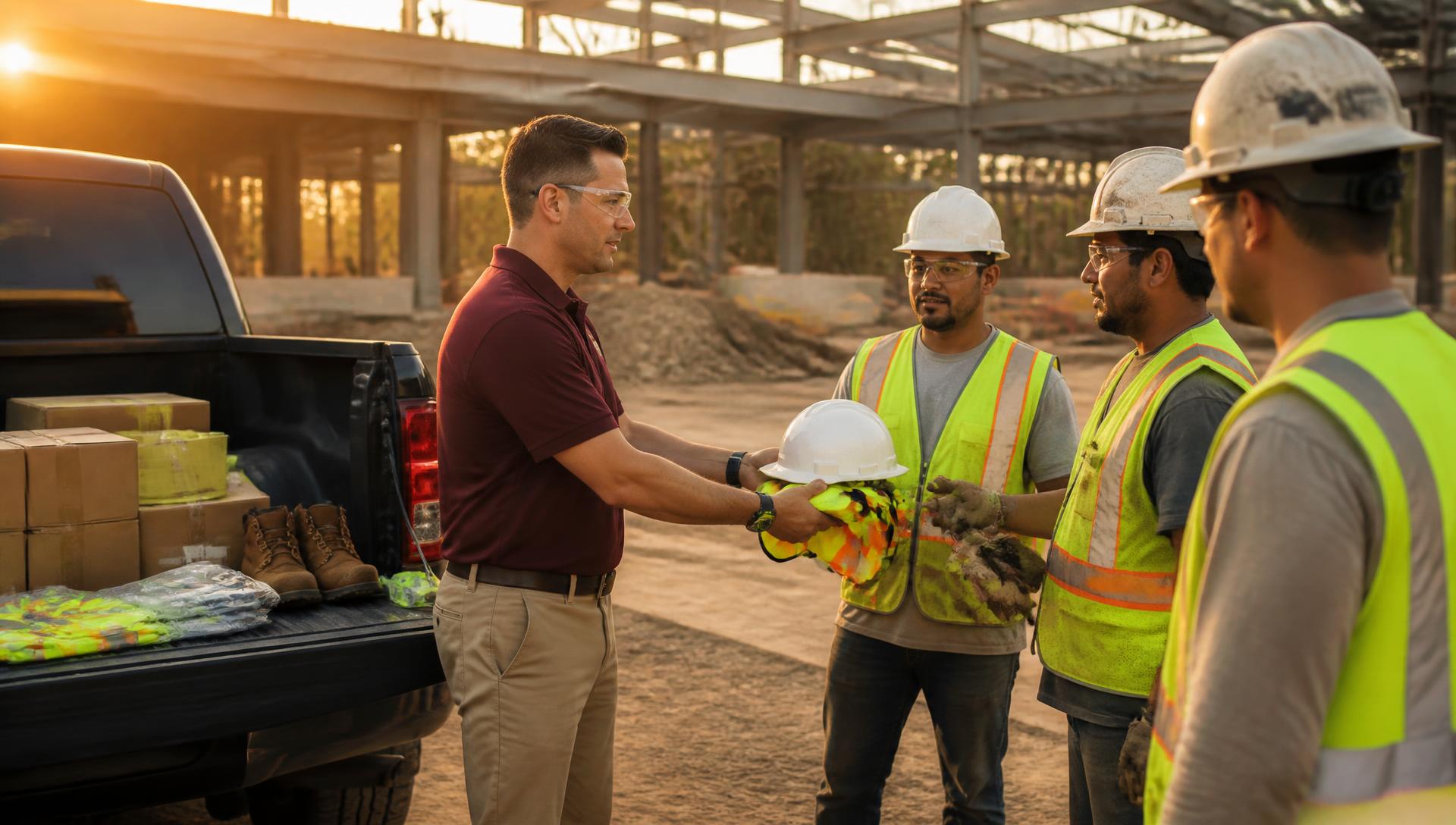 A Firebrand Safety specialist handing PPE to a construction crew at a jobsite